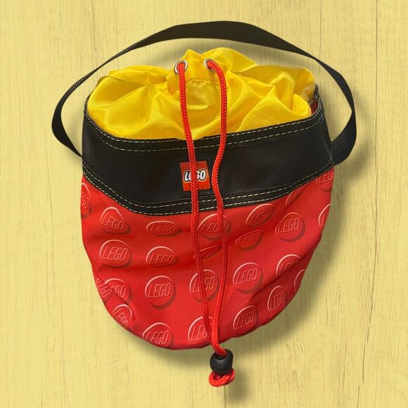 LEGO Red Cinch Bucket Bricks Tote Toy Organizer Yellow Recycled Carry Gear Bag - Picture 1 of 12